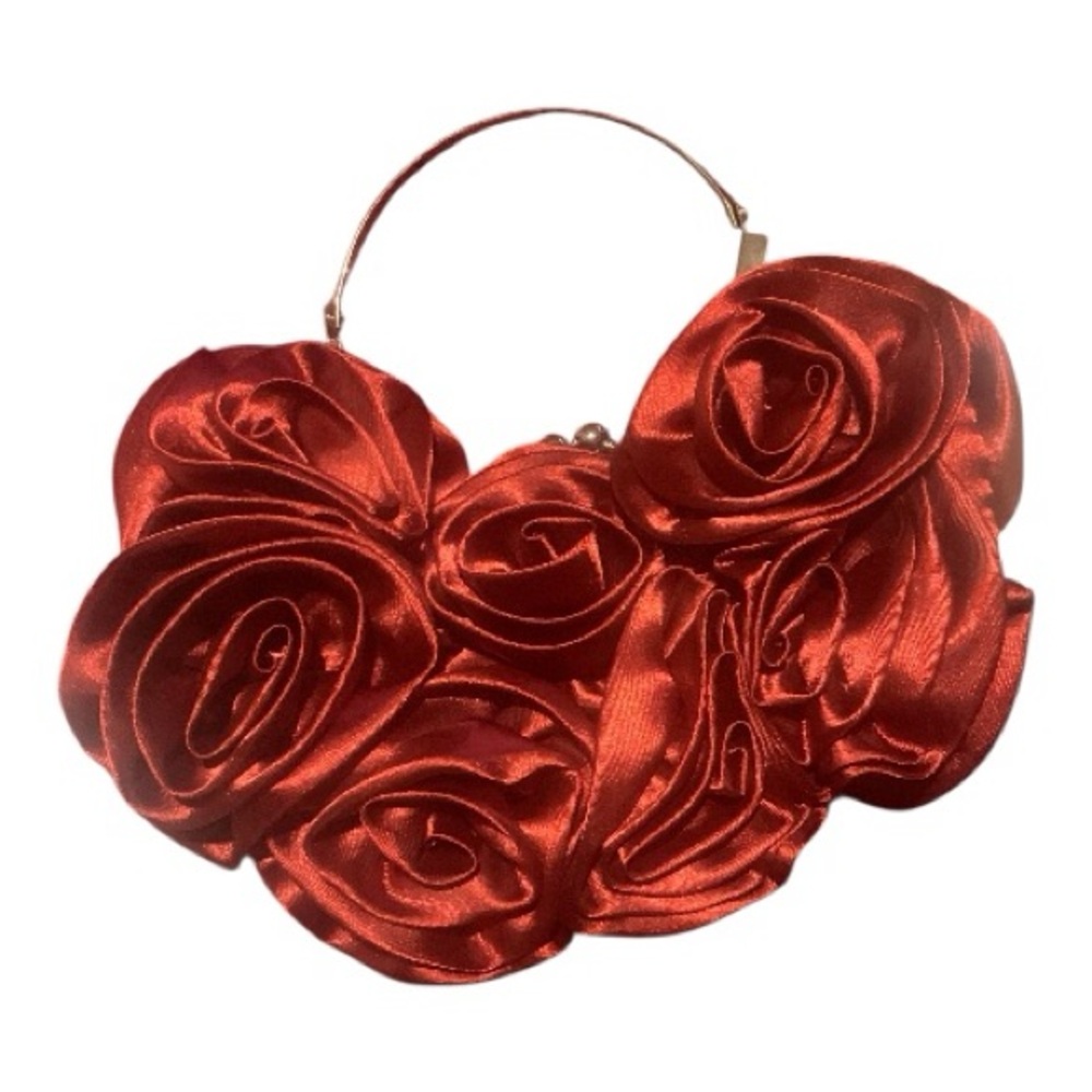 Elegant Red Rose Clutch with Silver Handle Formal Holiday‎